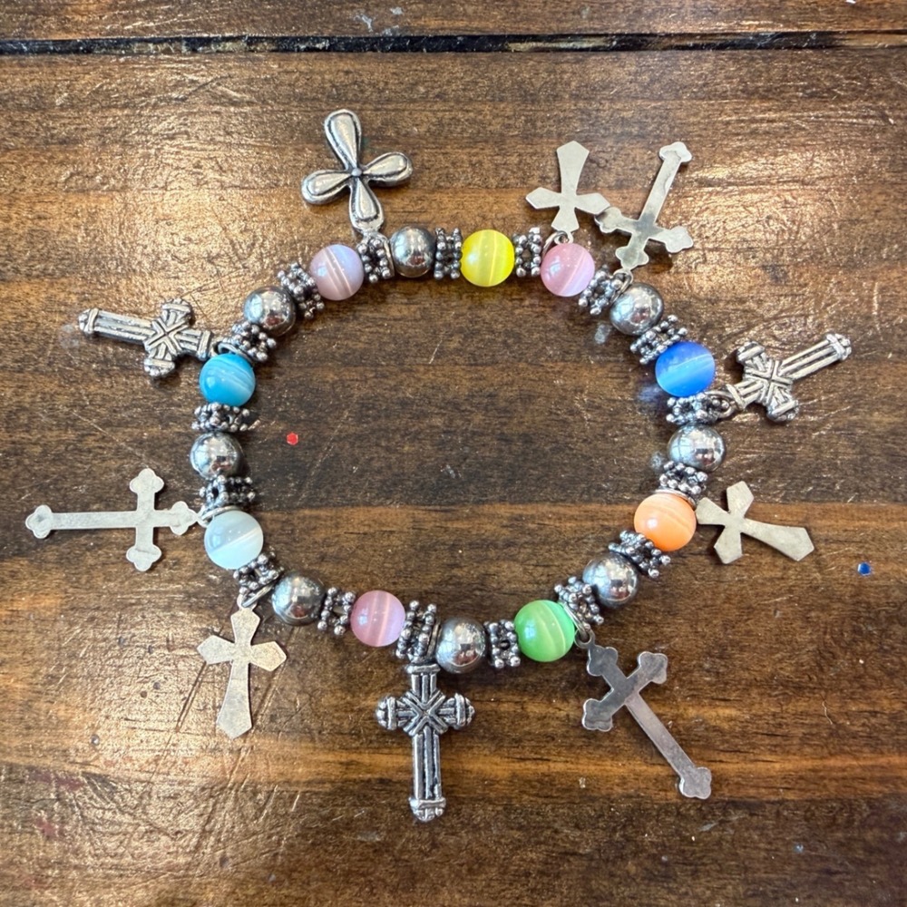 Multi‎ Color Cat Eye Bead Cross Charm Stretch Bracelet Silver Tone